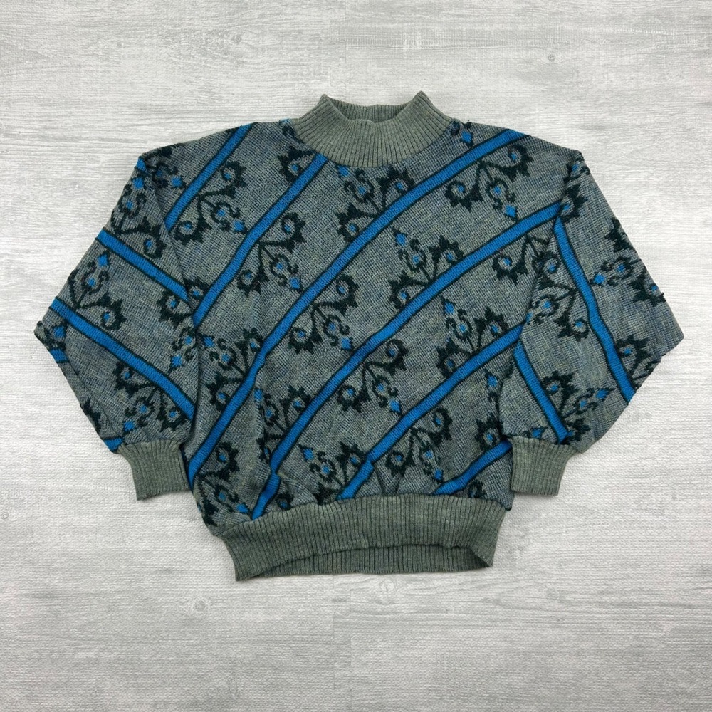 Vintage 90s Dorina Geometric‎ Sweater Size Medium Gray Blue Floral Pullover
